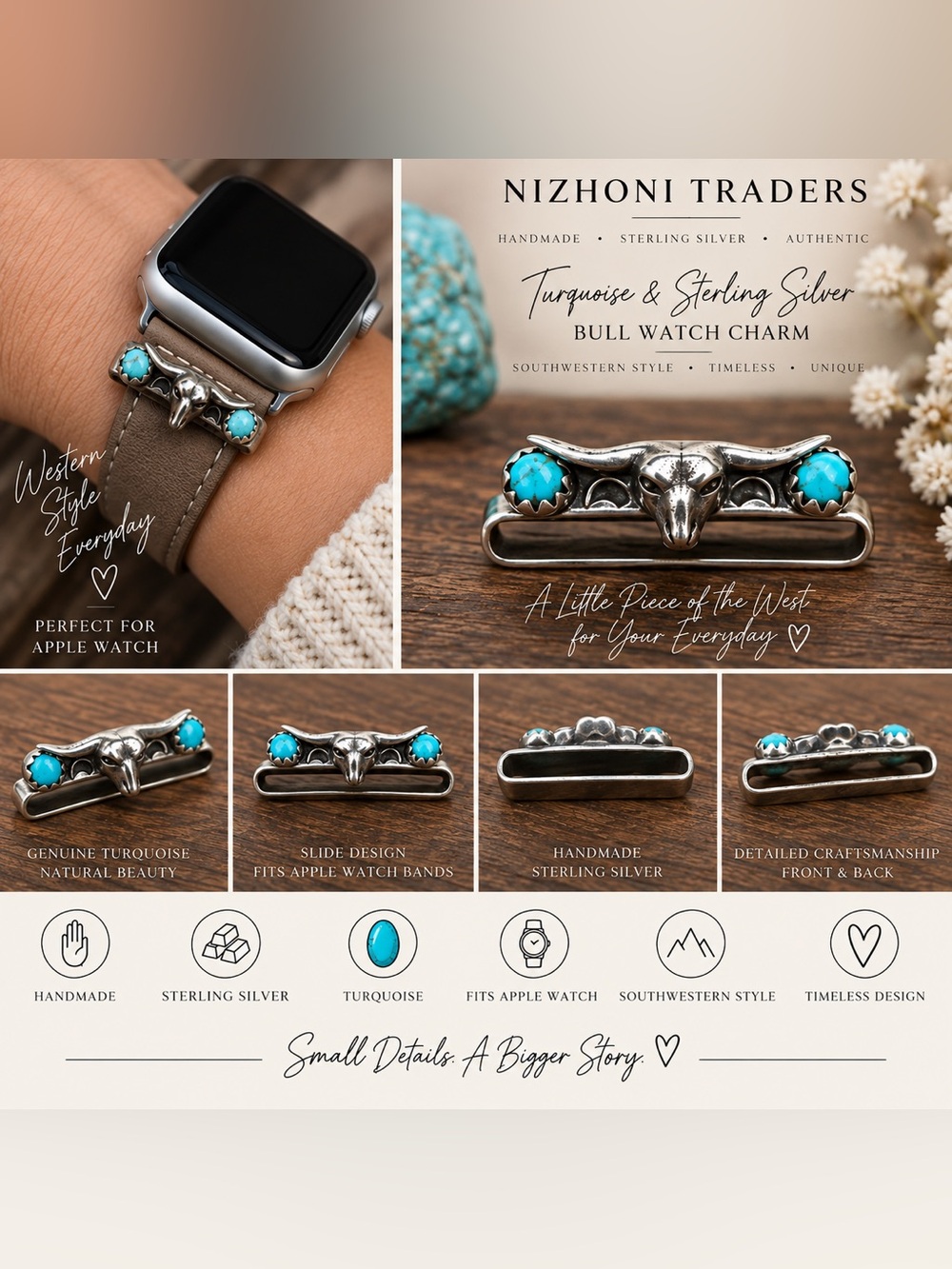 Nizhoni Turquoise Sterling Silver Bull Apple Watch Charm